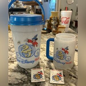 Walt Disney World 25th Anniversary Popcorn Bucket & Travel Drink Mug Cup 1996
